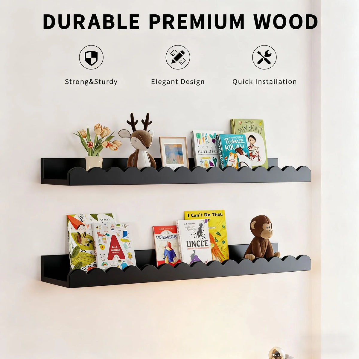 A set of two dark wood floating shelves displaying decorative items and features like strong and sturdy design.