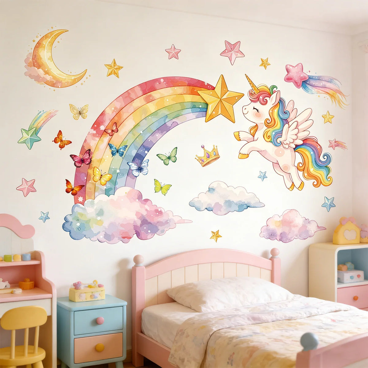 A bedroom wall decorated with a large rainbow and unicorn art featuring pastel colors and stars.