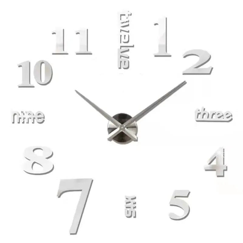 A modern 3D acrylic wall clock showing the time, with DIY sticker numbers for the hours and minutes.