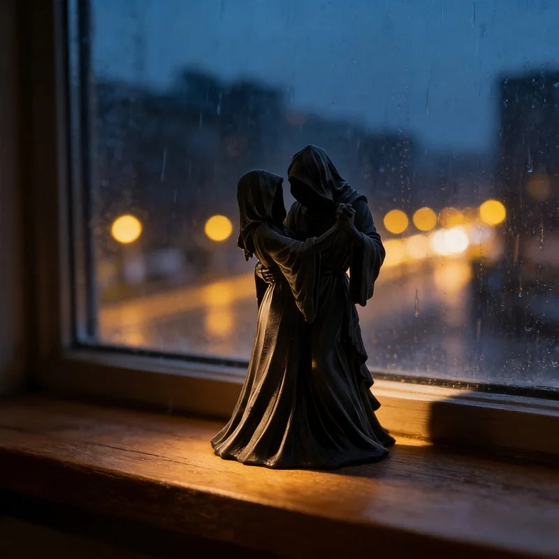 A dark romantic sculpture of a Gothic Grim Reaper couple embracing, displayed on a windowsill.
