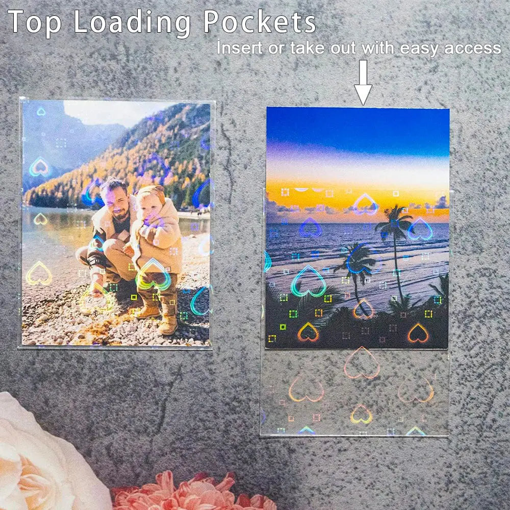 A transparent holographic card sleeve is shown next to a photo, illustrating easy insert or removal.