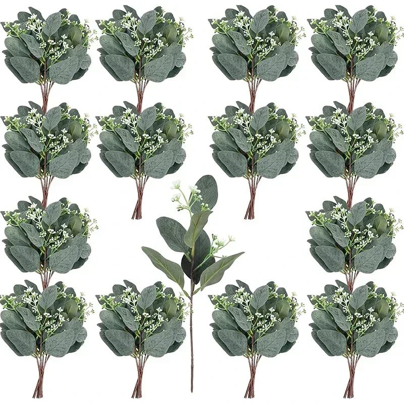 A set of artificial eucalyptus stems with silvery-green leaves and small white flowers.