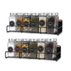 A black magnetic spice rack holding multiple glass jars of various spices and grains for refrigerator storage.