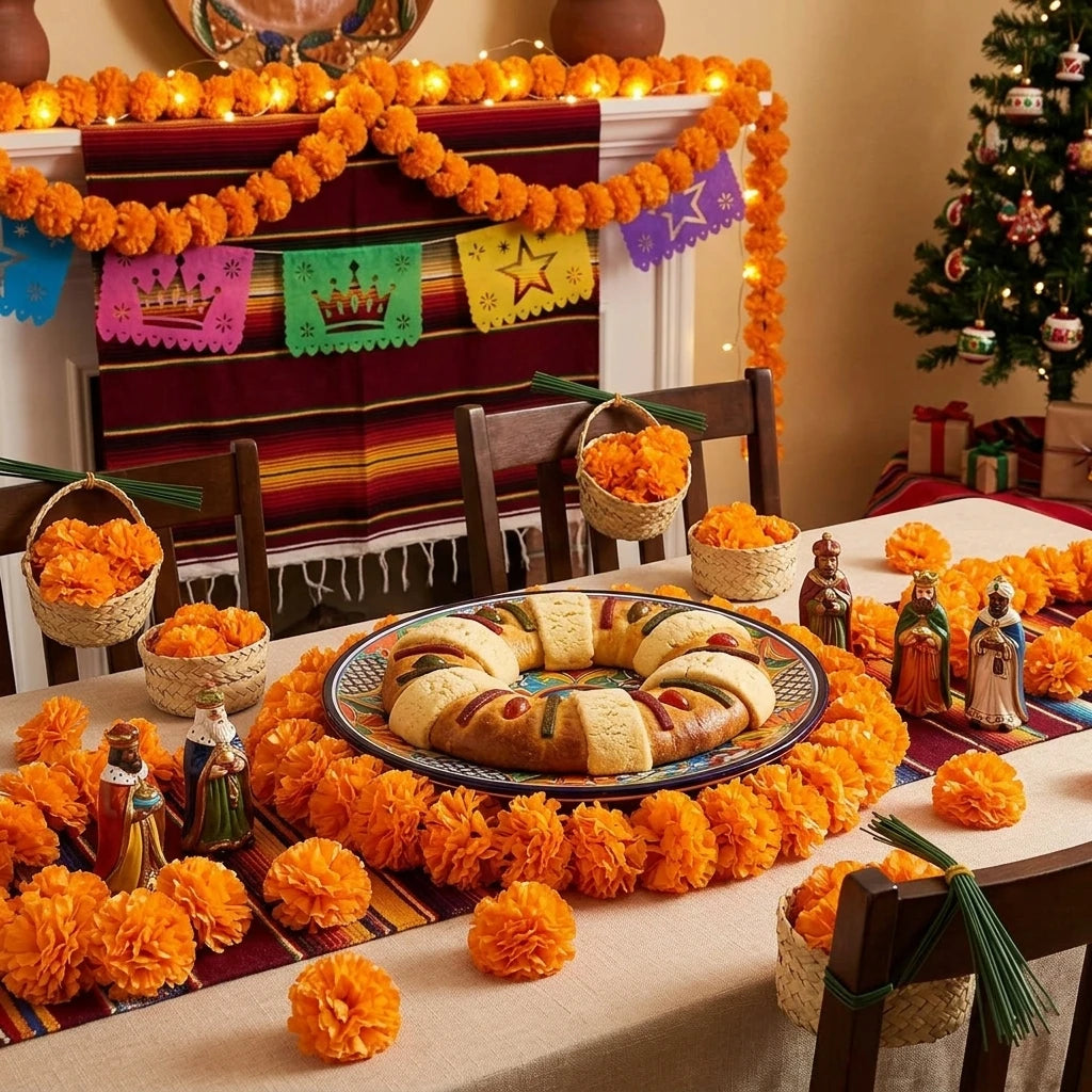 A table decorated with artificial orange marigold flowers and stems for Day of the Dead celebrations.