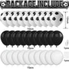 A collection of black and white latex balloons, including soccer balls and solid balloons, are displayed for party decor.