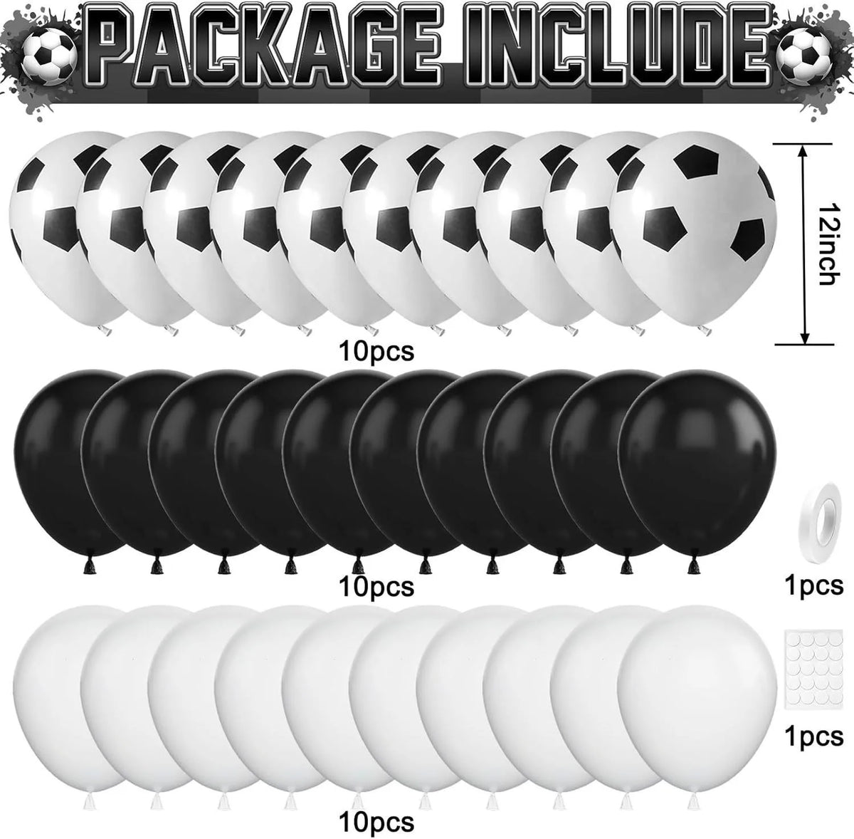 A collection of black and white latex balloons, including soccer balls and solid balloons, are displayed for party decor.