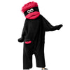 A black plush monster loungewear romper with pink hair and a large mouth feature.