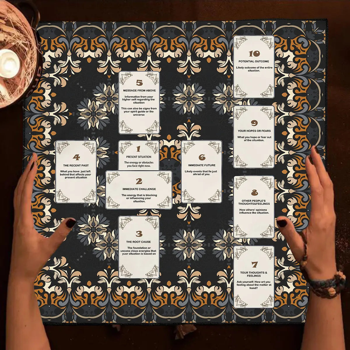 A dark altar cloth featuring an intricate Celtic cross pattern for tarot and divination
