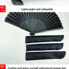 A black folding hand fan made of premium bamboo frames, shown in a fan shape.