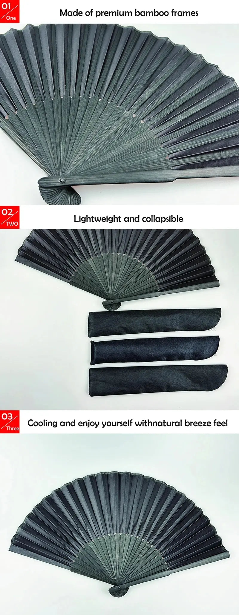 A black folding hand fan made of premium bamboo frames, shown in a fan shape.