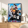 A vertical poster featuring characters from the anime Bleach in dynamic poses against a blue background.