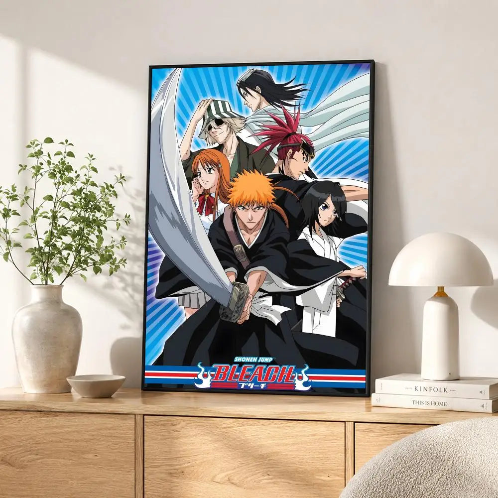A vertical poster featuring characters from the anime Bleach in dynamic poses against a blue background.