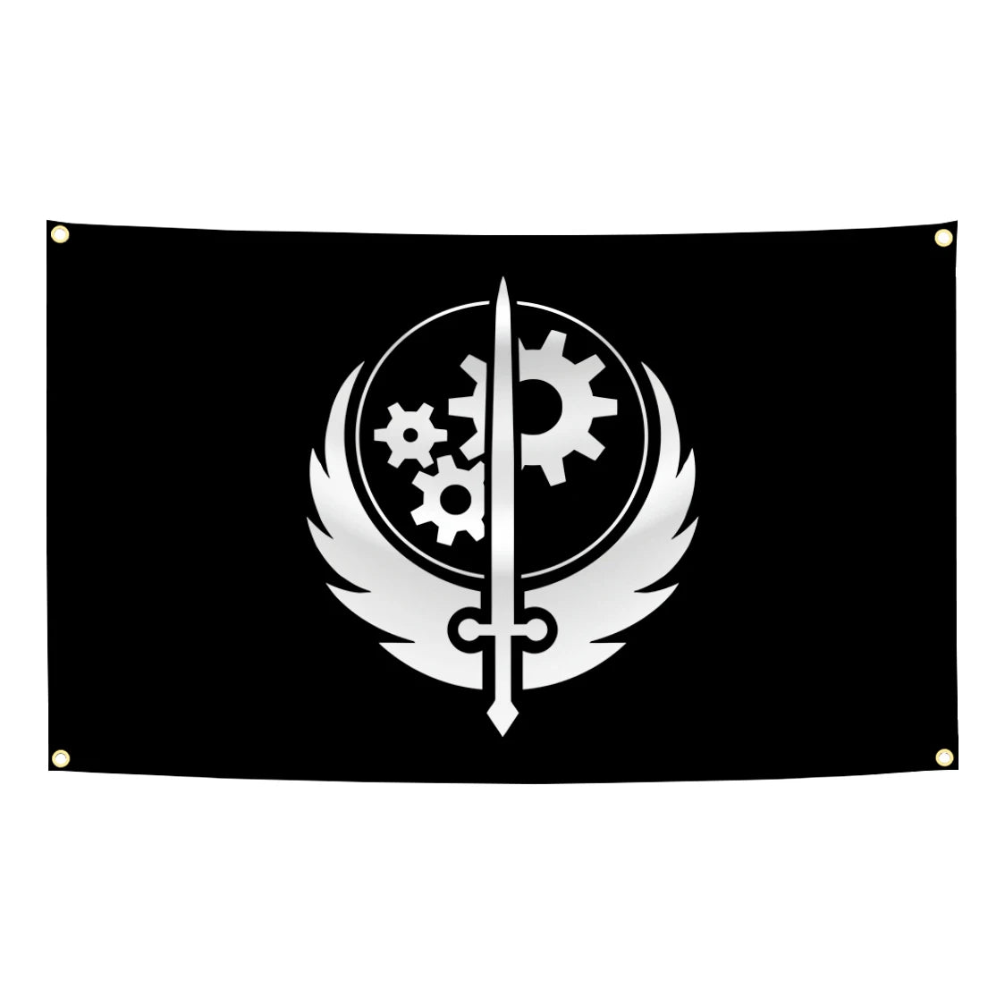 Une bannière en tissu noir avec une épée d'argent croisée avec des engrenages et flanquée d'ailes.
