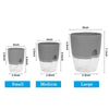 A set of three transparent self-watering flower pots in gray and clear plastic with cotton rope.