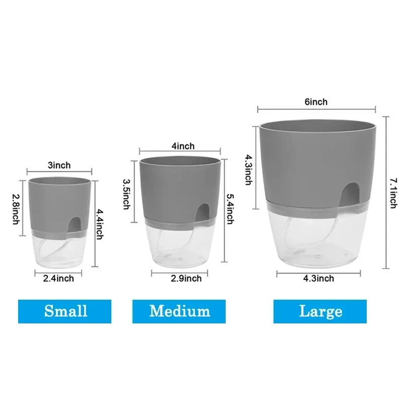 A set of three transparent self-watering flower pots in gray and clear plastic with cotton rope.