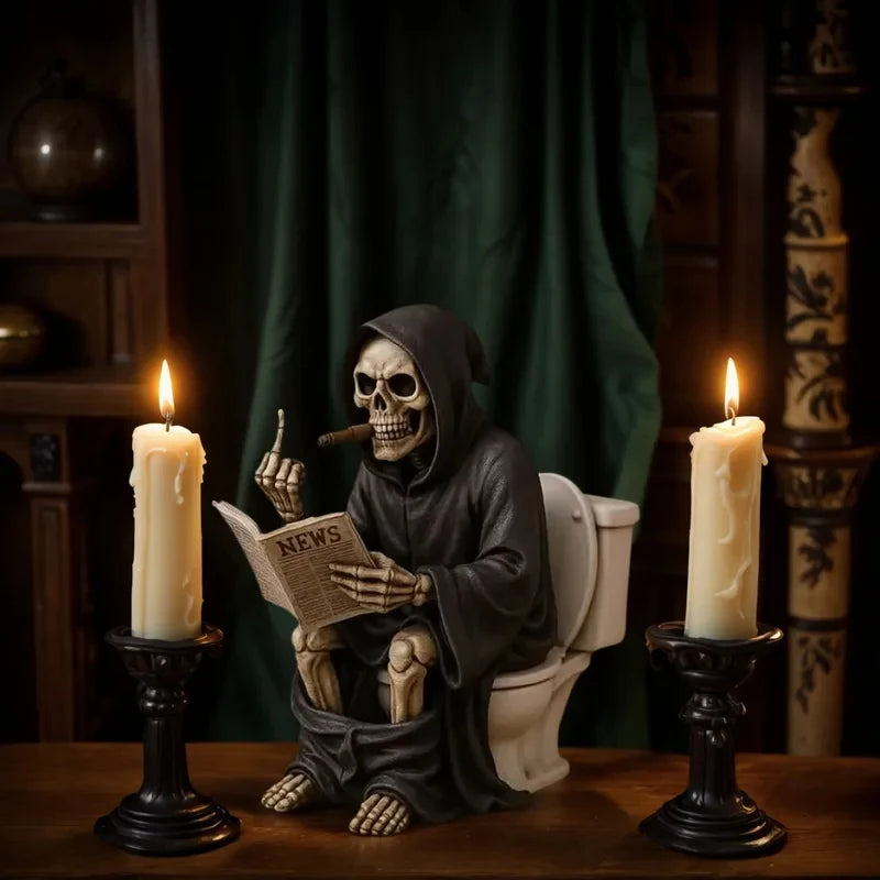 A dark resin statue of a skull wearing a hood and holding a newspaper sits on a toilet, decorated for Halloween.