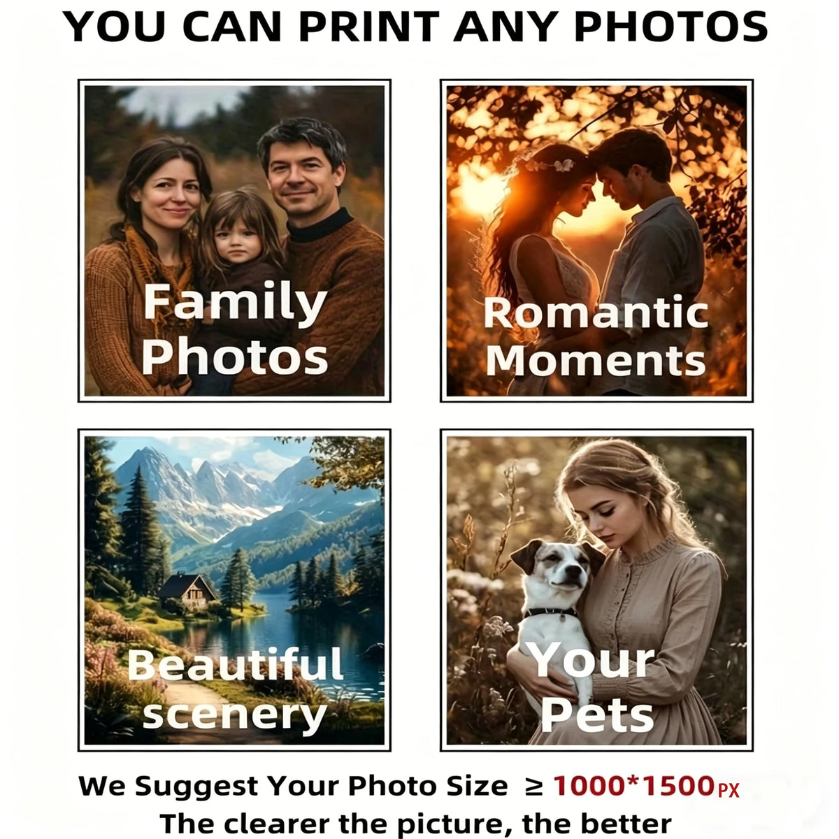 A collage of four photo categories: Family Photos, Romantic Moments, Beautiful scenery, and Your Pets.