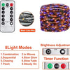 A bundle of purple and orange fairy string lights with a remote control and various light modes shown alongside the product.