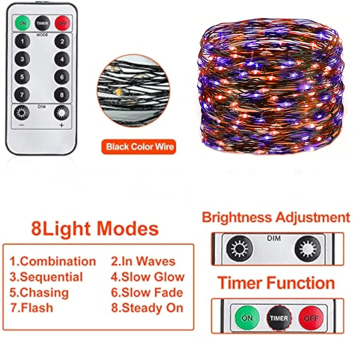 A bundle of purple and orange fairy string lights with a remote control and various light modes shown alongside the product.