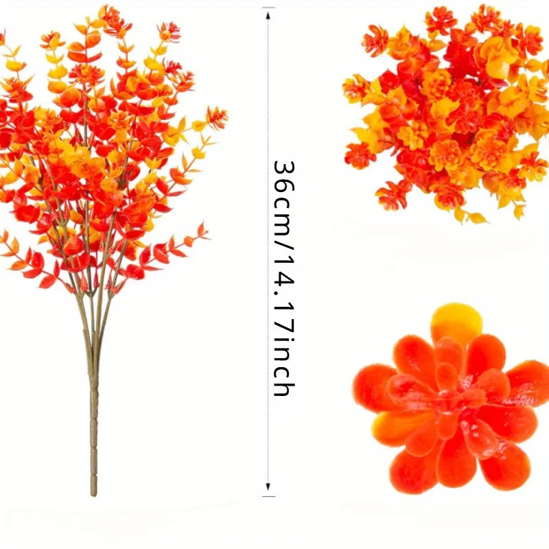 Künstliche orange Sträucher mit roten und gelben Blüten auf einem vertikalen Stock.
