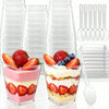A clear plastic dessert cup set includes 50 cups with lids and spoons, featuring layered pink and white fruit desserts.