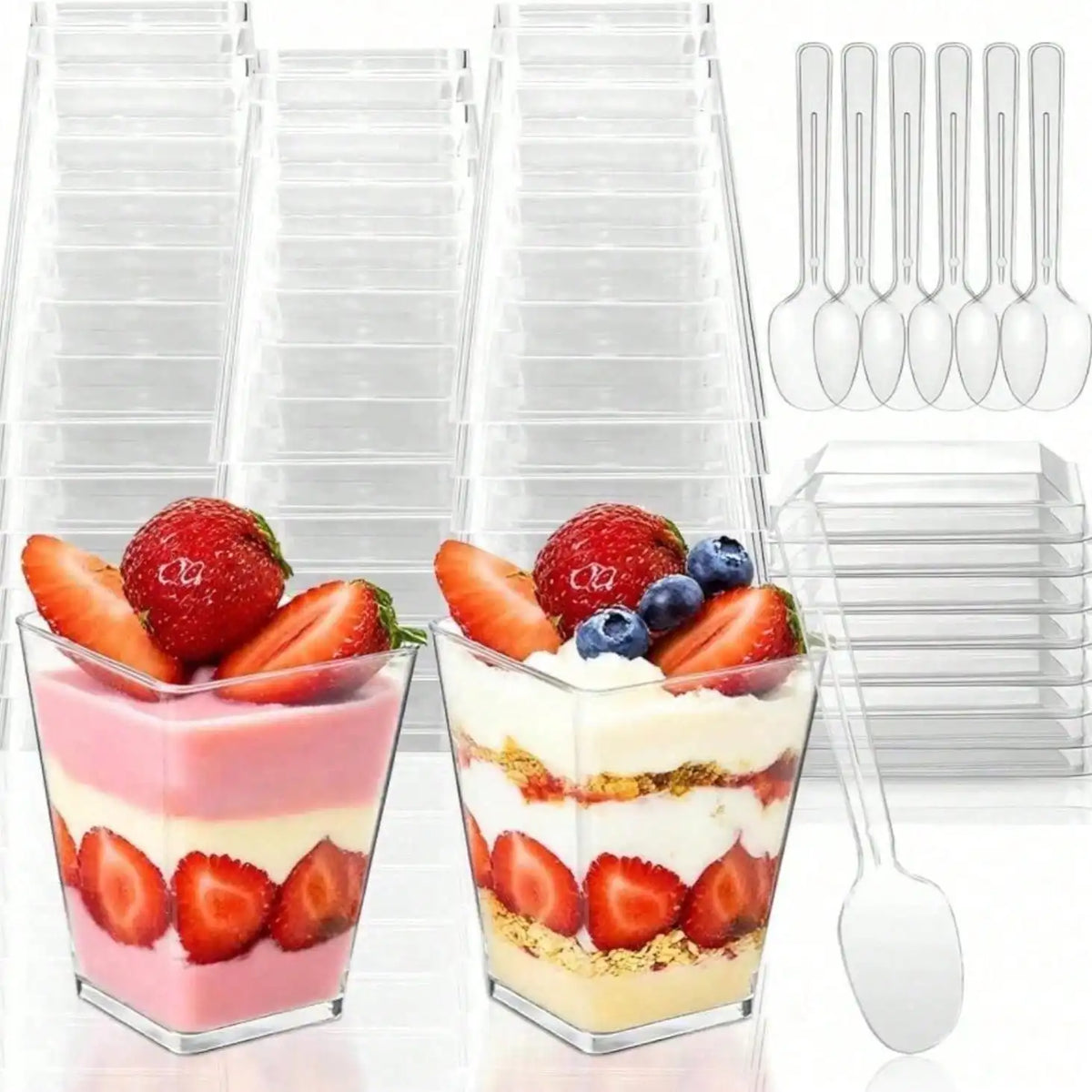 A clear plastic dessert cup set includes 50 cups with lids and spoons, featuring layered pink and white fruit desserts.