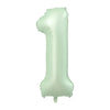 A large, light mint green foil number balloon shaped like the number 1.