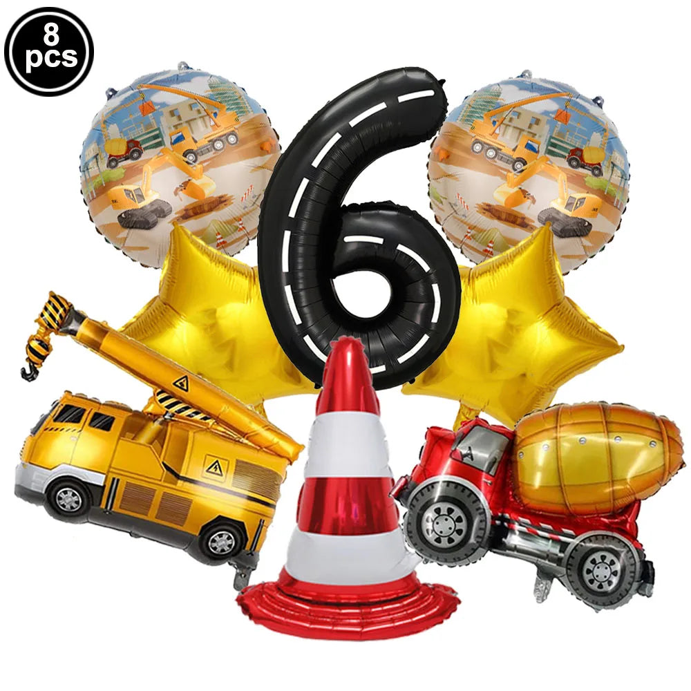 Eight construction truck foil balloons and a red and white traffic cone for birthday party decor