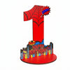 A red wooden number one sign with a spider design and birthday text on the base.