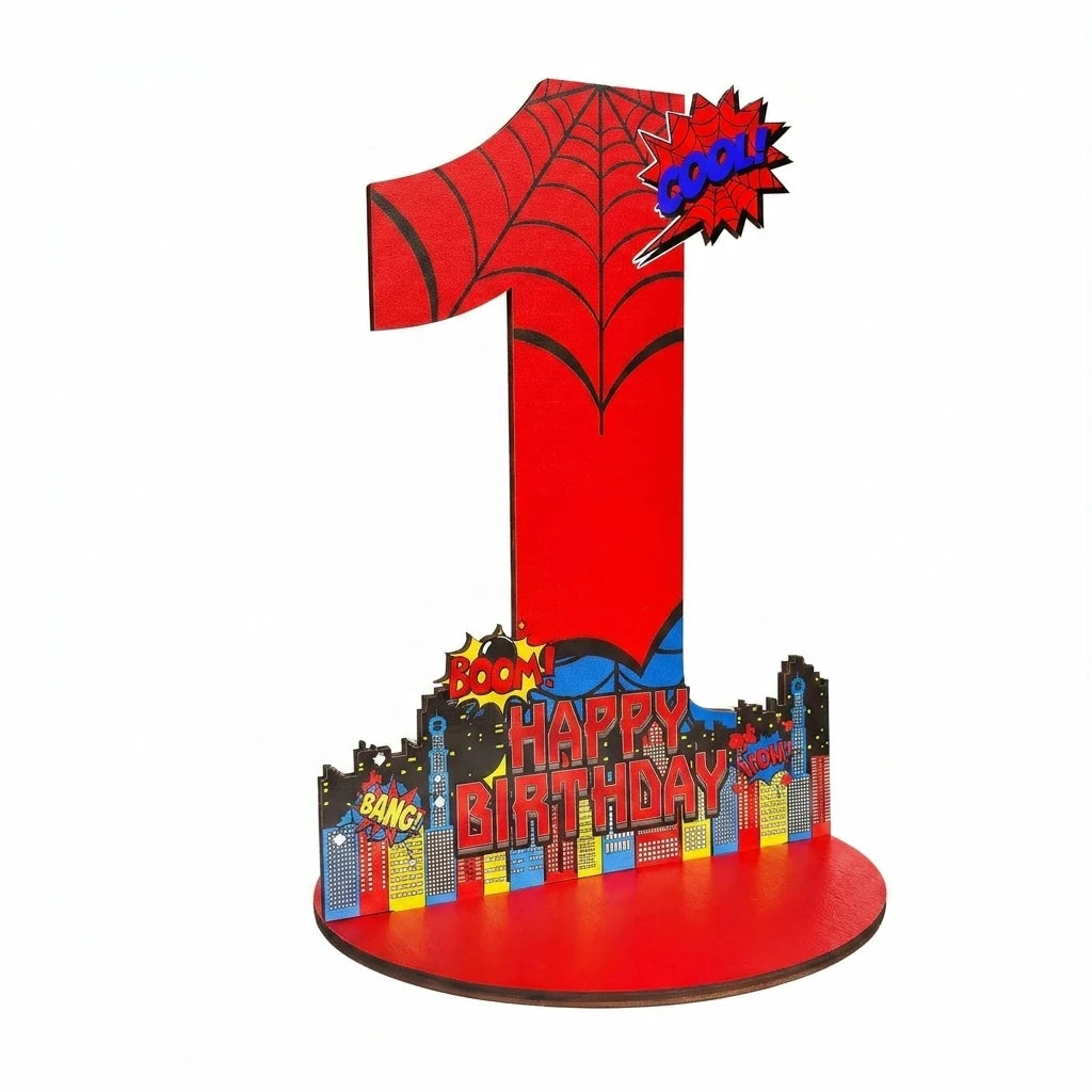 A red wooden number one sign with a spider design and birthday text on the base.