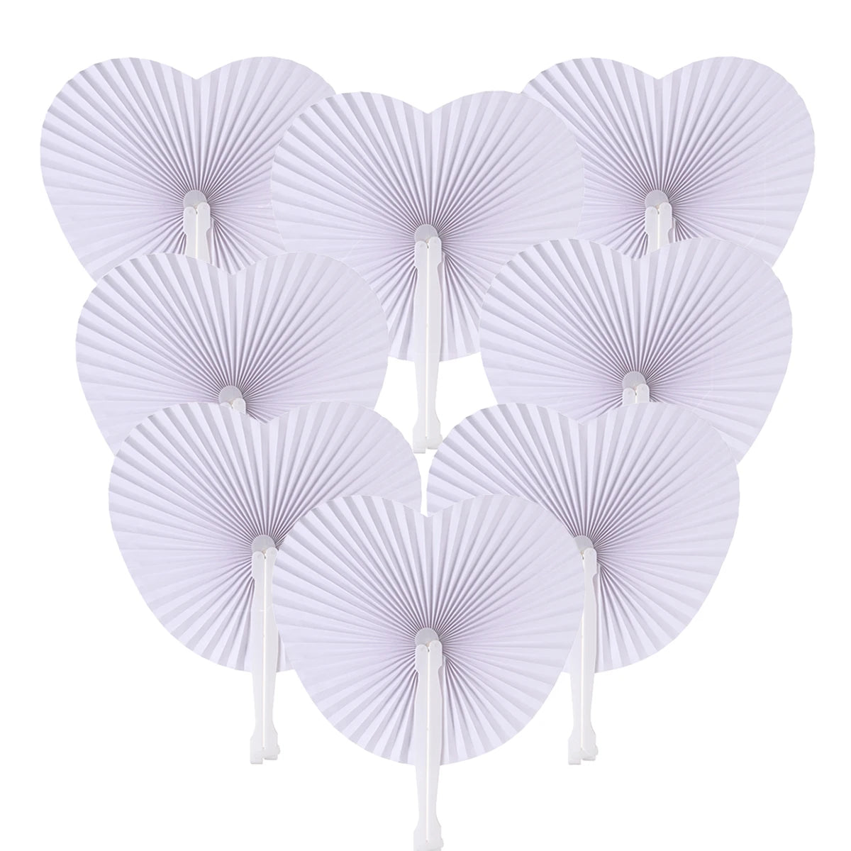 A set of white heart-shaped paper folding fans for parties.