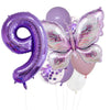 A set of purple foil balloons, including the number nine and a butterfly shape, in various shades of purple and pink.