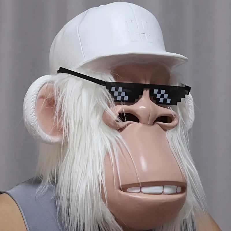 A realistic cute alien full-face latex mask with white hair and black sunglasses