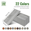 A stack of light gray wood grain peel-and-stick floor stickers with various wood tone colors displayed next to a measuring ta