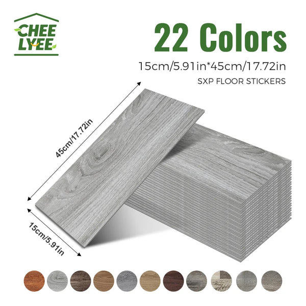 A stack of light gray wood grain peel-and-stick floor stickers with various wood tone colors displayed next to a measuring ta