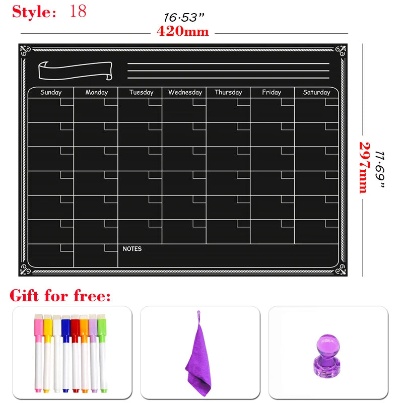 A3 magnetic dry erase planner with a weekly calendar grid and free gift of pens and a purple cloth