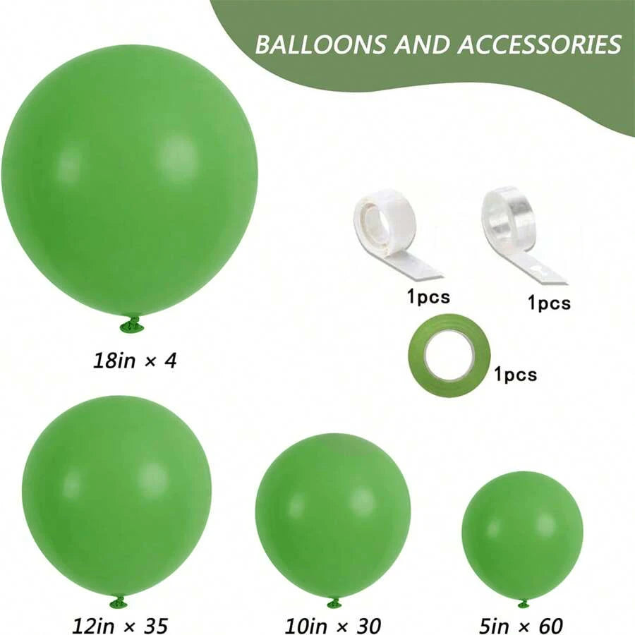 A set of green latex balloons in various sizes including 18in x 4, 12in x 35, 10in x 30, and 5in x 60, along with accessories