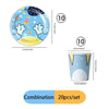 A set of 20 disposable blue dog party supplies including plates and cups for birthday and picnic events