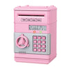 A pink interactive roll-up piggy bank with a dial and keypad featuring numbered options for saving.