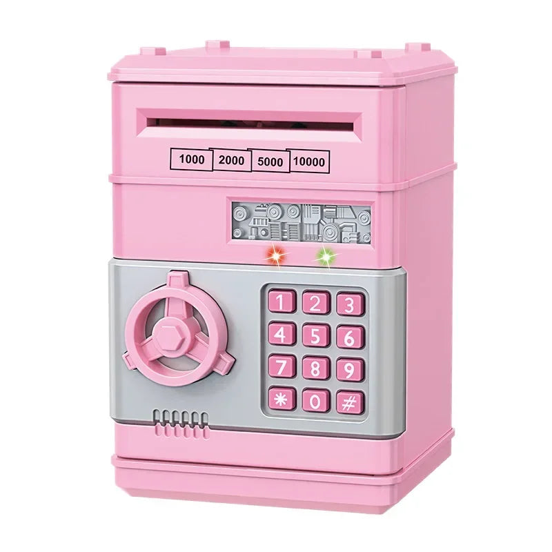 A pink interactive roll-up piggy bank with a dial and keypad featuring numbered options for saving.