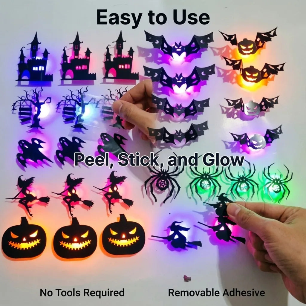 A hand demonstrates a set of 30 glow-in-the-dark Halloween wall stickers featuring various spooky silhouettes and designs.