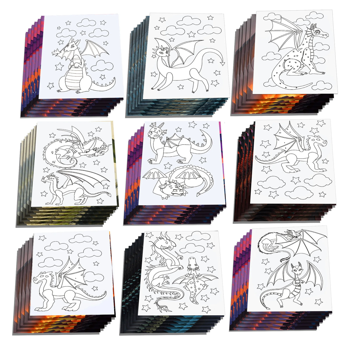 Un ensemble de pages à colorier avec divers dragons et créatures mythiques pour enfants