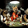 A group of four dogs are intensely playing poker around a green table in a dark setting.