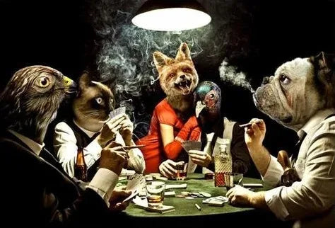 A group of four dogs are intensely playing poker around a green table in a dark setting.