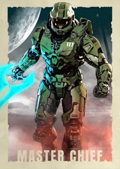 A depiction of Master Chief in green armor against a backdrop of a large moon and fiery orange ground.