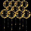 A cluster of golden LED illuminated balloon spheres used for party decor.