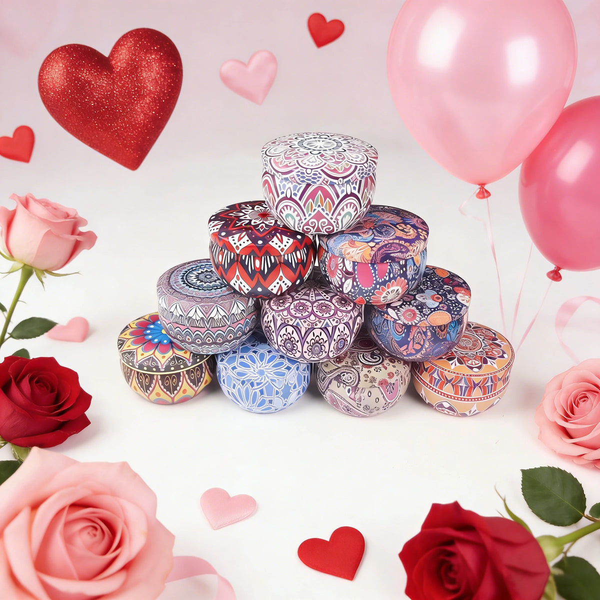 A stack of decorative soy wax candles in various patterns and colors surrounded by pink and red roses and heart-shaped balloo