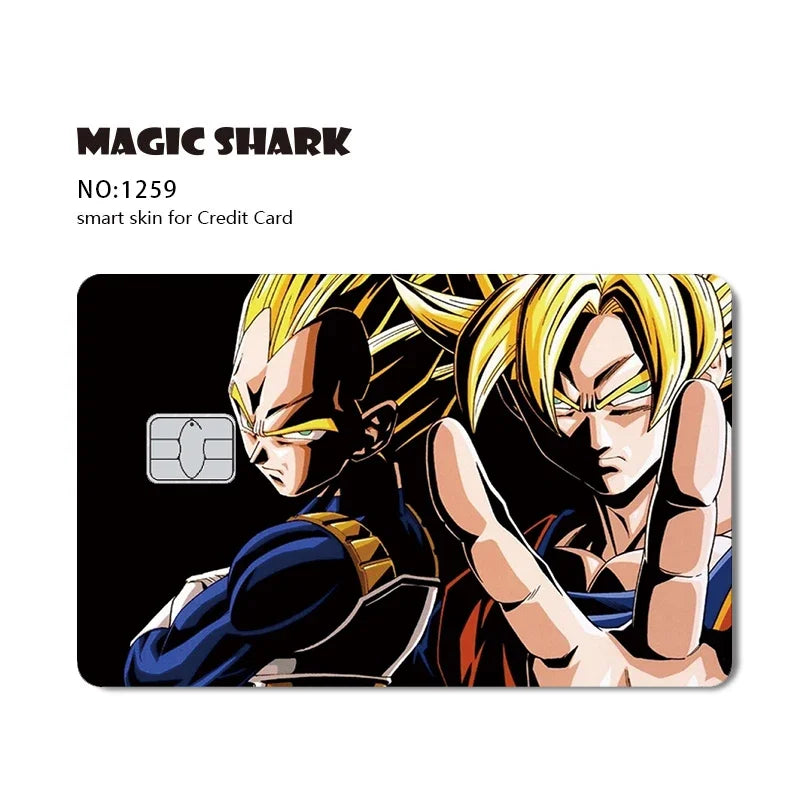 A graphic design featuring a muscular character with spiky blonde hair and intense expression, suitable for a credit card ski