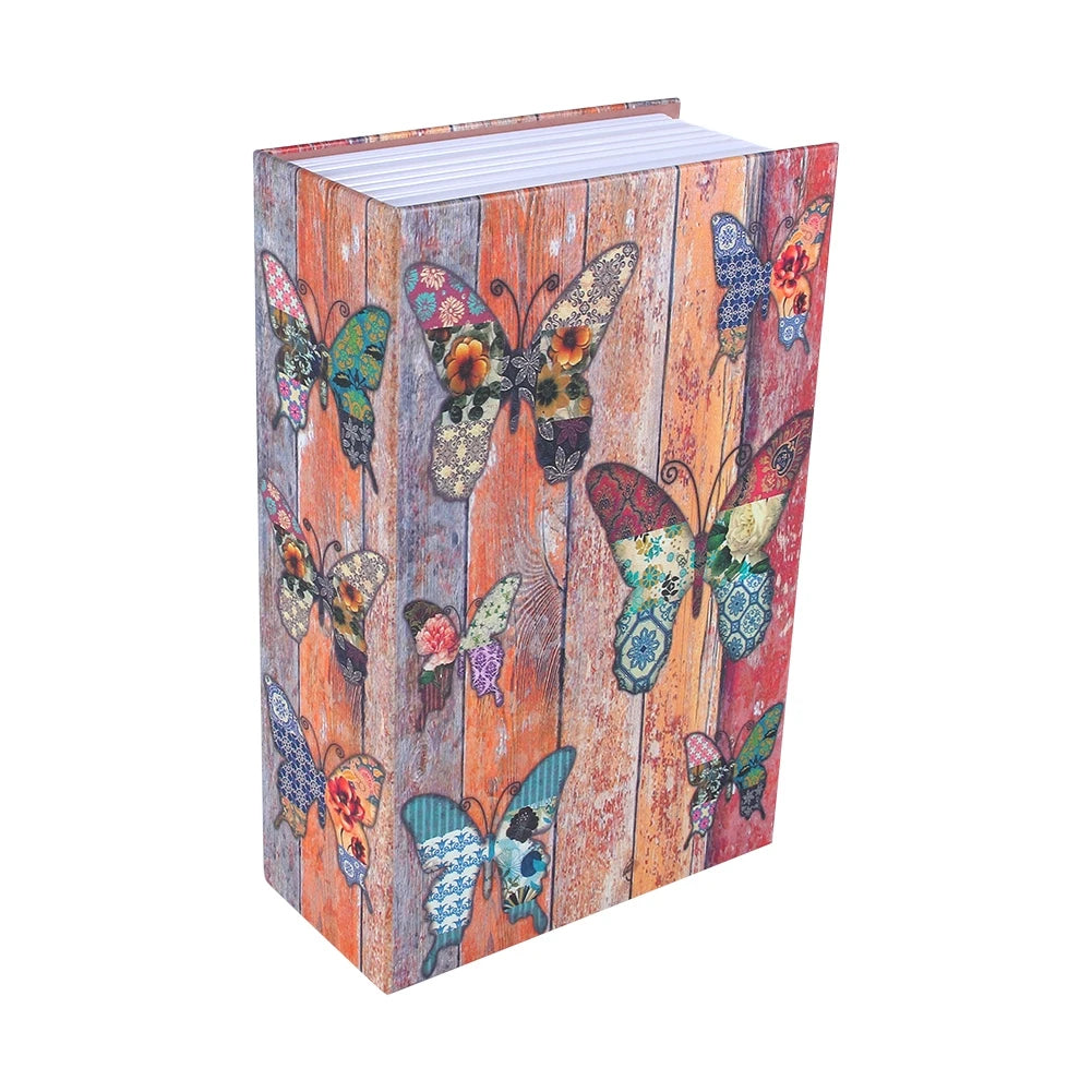 A wooden dictionary-style lock box decorated with colorful butterfly patterns.