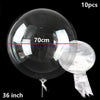 A large clear bubble balloon is shown, measuring 70cm, with a 36 inch scale reference.